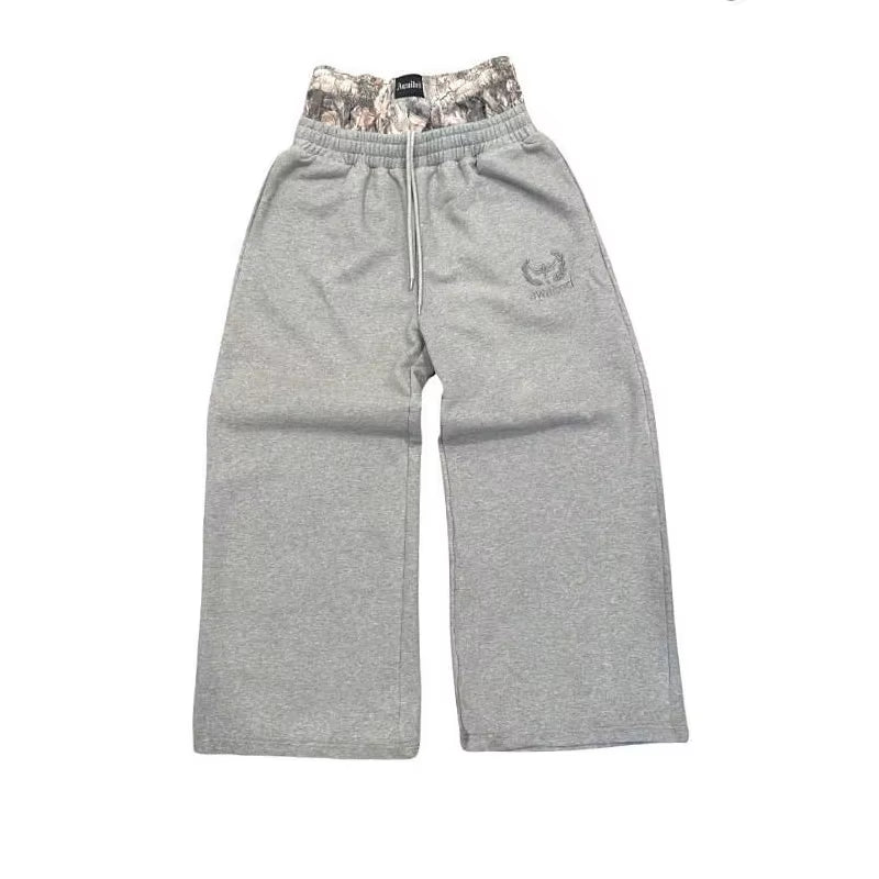 Men'S Y2K Retro Sports Pants Double Cuffs Embroidered Camouflage Pattern Unisex Loose Pants Wide Leg Pants Trendy Casual Street