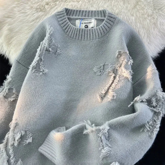 2023 Autumnand Y2K Streetwear Men New Retro Hole Fringed Sweater Loose Versatile Sweater for Men and Women Long Sleeve Sweater