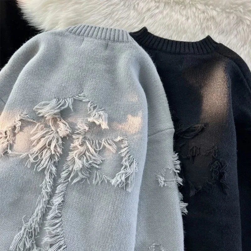 2023 Autumnand Y2K Streetwear Men New Retro Hole Fringed Sweater Loose Versatile Sweater for Men and Women Long Sleeve Sweater