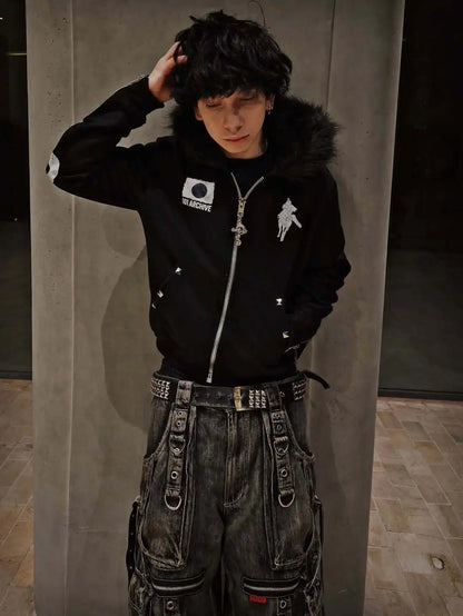 Y2K Japanese Harajuku Streetwear European Youth Rivet Fashion Wool Pullover Men'S Urban Casual Hooded Hip-Hop Printed Sweatshirt