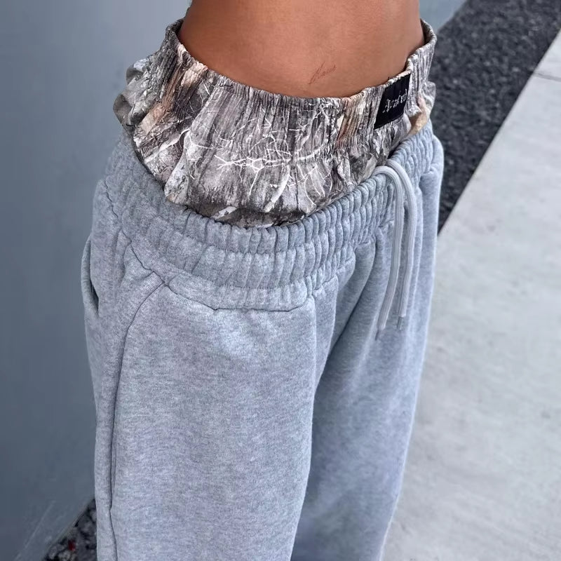 Men'S Y2K Retro Sports Pants Double Cuffs Embroidered Camouflage Pattern Unisex Loose Pants Wide Leg Pants Trendy Casual Street