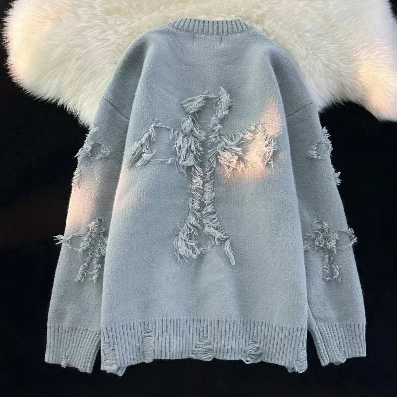 2023 Autumnand Y2K Streetwear Men New Retro Hole Fringed Sweater Loose Versatile Sweater for Men and Women Long Sleeve Sweater
