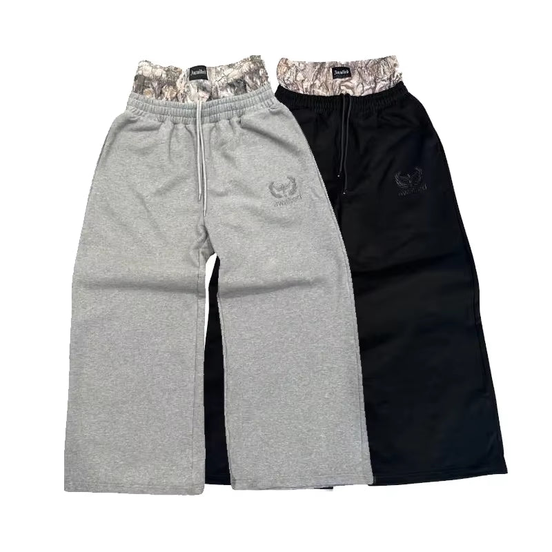 Men'S Y2K Retro Sports Pants Double Cuffs Embroidered Camouflage Pattern Unisex Loose Pants Wide Leg Pants Trendy Casual Street
