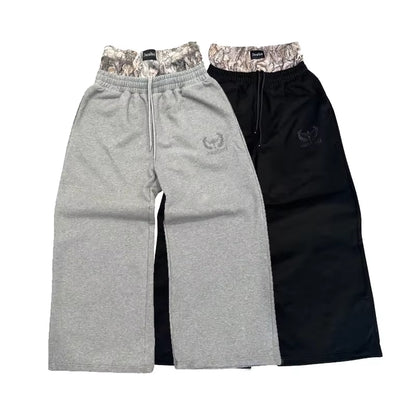 Men'S Y2K Retro Sports Pants Double Cuffs Embroidered Camouflage Pattern Unisex Loose Pants Wide Leg Pants Trendy Casual Street