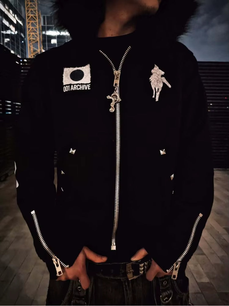 Y2K Japanese Harajuku Streetwear European Youth Rivet Fashion Wool Pullover Men'S Urban Casual Hooded Hip-Hop Printed Sweatshirt