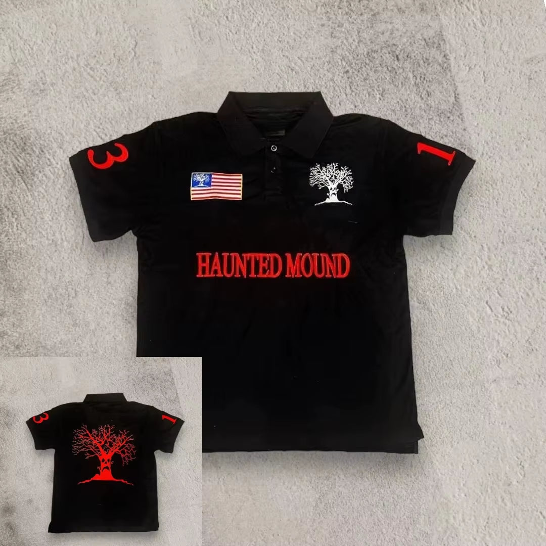 Haunted Mound Polo Shirt America Retro Street Hip Hop Short Sleeve Shirt Y2K Men Casual Embroidery Cotton Top Baseball Clothing