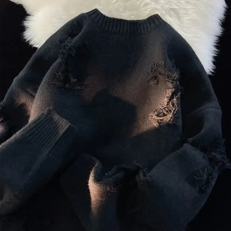 2023 Autumnand Y2K Streetwear Men New Retro Hole Fringed Sweater Loose Versatile Sweater for Men and Women Long Sleeve Sweater