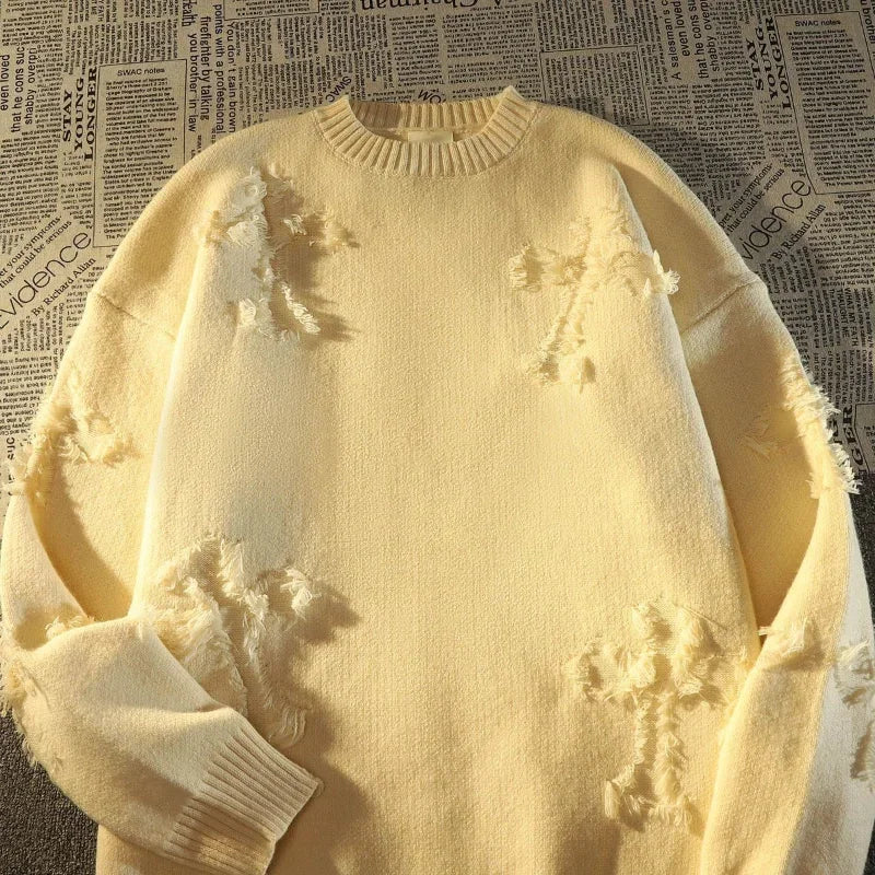 2023 Autumnand Y2K Streetwear Men New Retro Hole Fringed Sweater Loose Versatile Sweater for Men and Women Long Sleeve Sweater