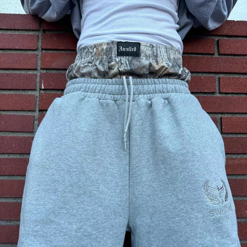 Men'S Y2K Retro Sports Pants Double Cuffs Embroidered Camouflage Pattern Unisex Loose Pants Wide Leg Pants Trendy Casual Street