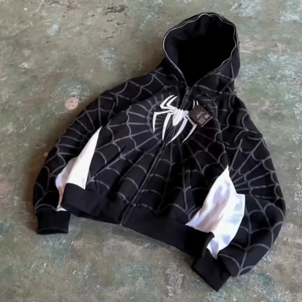 Y2K Retro Gothic America Spider Foaming 3D Print Hoodies Fashion Oversized Loose Full Zipper Hoodie Men Jacket Street Sweatshirt
