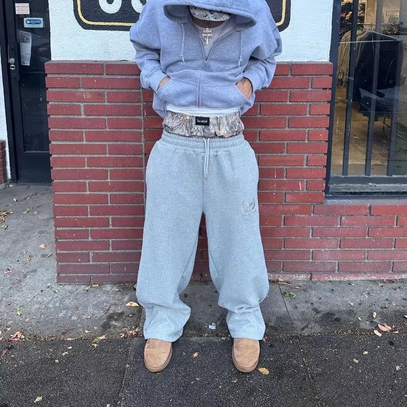 Men'S Y2K Retro Sports Pants Double Cuffs Embroidered Camouflage Pattern Unisex Loose Pants Wide Leg Pants Trendy Casual Street